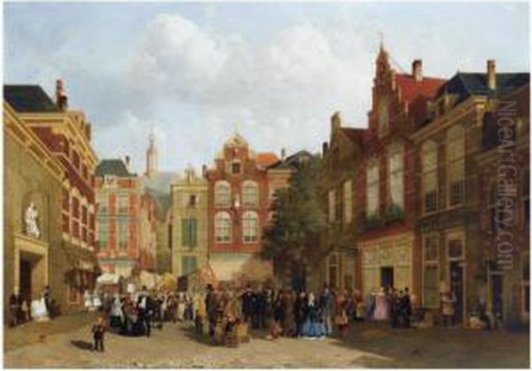 The Daily Market On The Groenmarkt With The St. Jacobskerk Inthe Back, The Hague Oil Painting by Joseph Bles