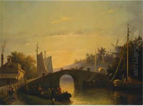 Figures Near A Bridge In A Dutch Town Oil Painting by Joseph Bles