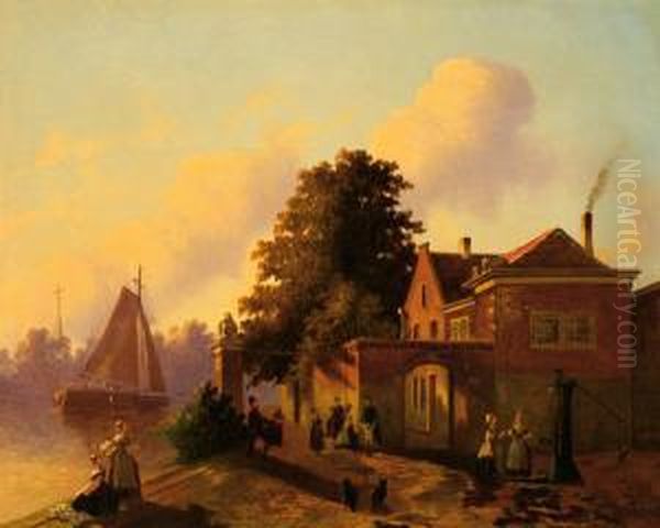 Figures On The Quay Of A Canal Oil Painting by Joseph Bles