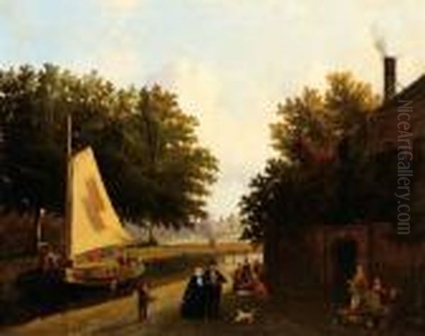 Figures On The Quay And A Boat On A Canal Oil Painting by Joseph Bles