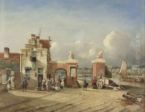 Geschaftiges Treiben Auf Einer Uferpromenade. Oil Painting by Joseph Bles