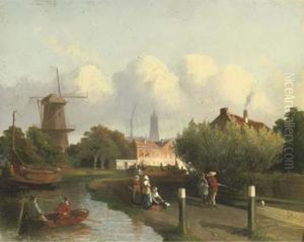 A Busy Canal Near A Dutch Town Oil Painting by Joseph Bles