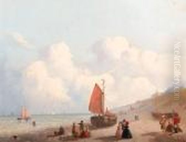 A Sunny Day On The Beach In 
Schevingen; And A Summer River Scenewith Freight Shipping And A 
Fisherman Along A Riverbank Oil Painting by Joseph Bles