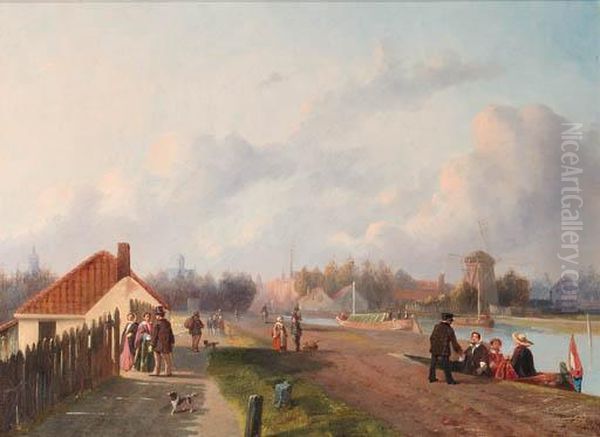 Elegant Company Leaving A Ferry On The Trekvliet, Voorburg Oil Painting by Joseph Bles