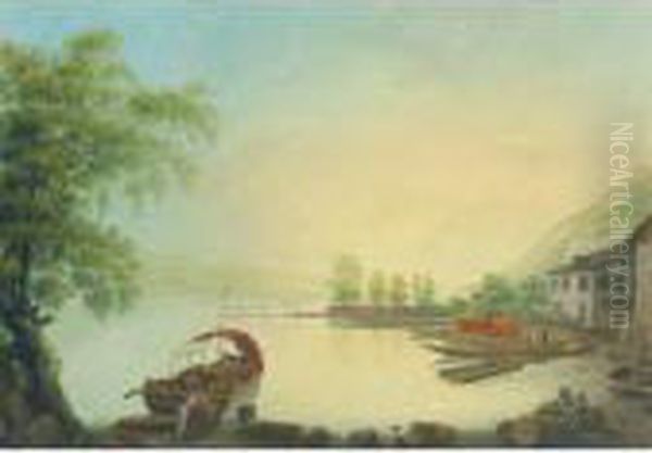 Loading Place On Lakefront Oil Painting by Johann Heinrich Bleuler I