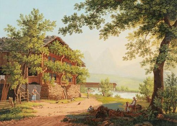 Die Muotta Brucke Bey Schwyz Oil Painting by Johann Heinrich Bleuler I