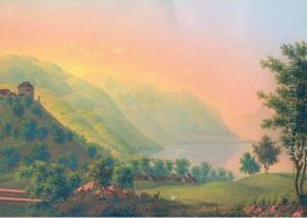 Chatelard Am Genfersee Oil Painting by Johann Heinrich Bleuler I