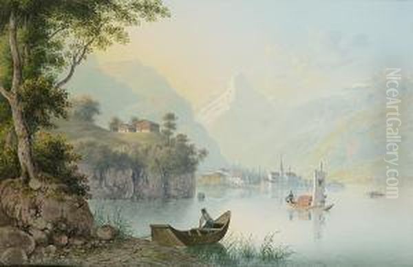 A Swiss Lake Scene Possibly The Vierwaldstattersee Oil Painting by Johann Heinrich Bleuler I