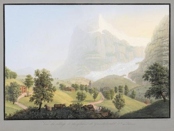 Vue Du Village Et Du Glacier De Grindelwald Oil Painting by Ludwig Bleuler