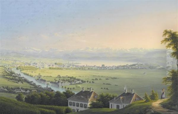 Zurich Von Der Waid Mit Blick Uber Diestadt Und Den See Auf Die Gebirgskette Oil Painting by Ludwig Bleuler