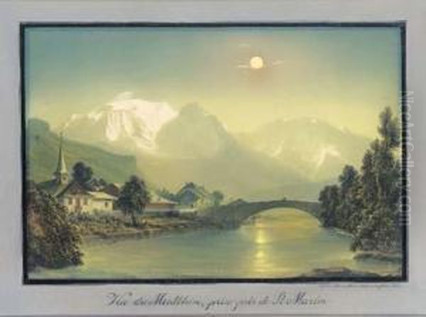 Vue Nocturne Du Pont Saint-martin, Le Mont-blanc Au Fond Oil Painting by Ludwig Bleuler