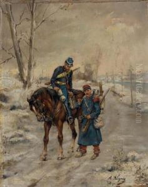 Deux Militaires Sur Un Chemin Oil Painting by Albert Bligny