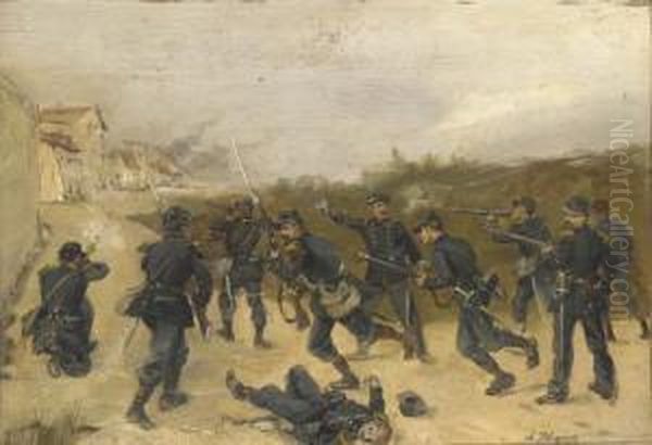 French Soldiers Storming A Town Oil Painting by Albert Bligny