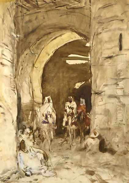 Horsemen by a city gate Oil Painting by Marius Bauer