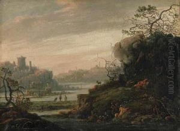 An Extensive River Landscape, A Town On A Hill Beyond Oil Painting by Adriaen Bloemaert