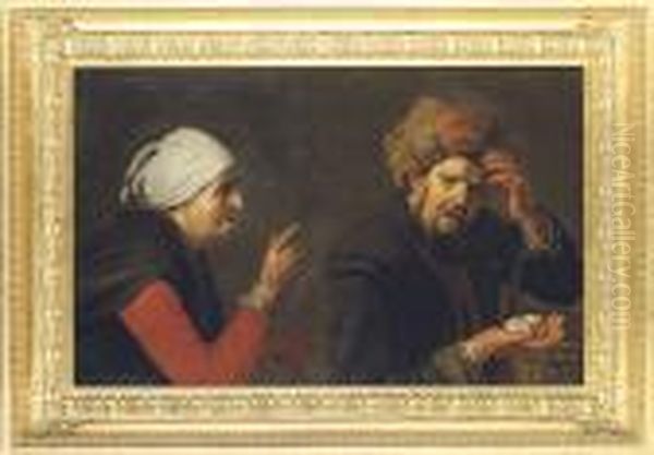 An Old Maid Scolding A Man For Breaking Eggs Oil Painting by Hendrick Bloemaert