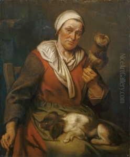 Eine Sitzende Altere Frau Mit
 Einem Spinnrocken Und Einem Hundchen.

 Ol Auf Leinwand. H 101; B 84 Oil Painting by Hendrick Bloemaert