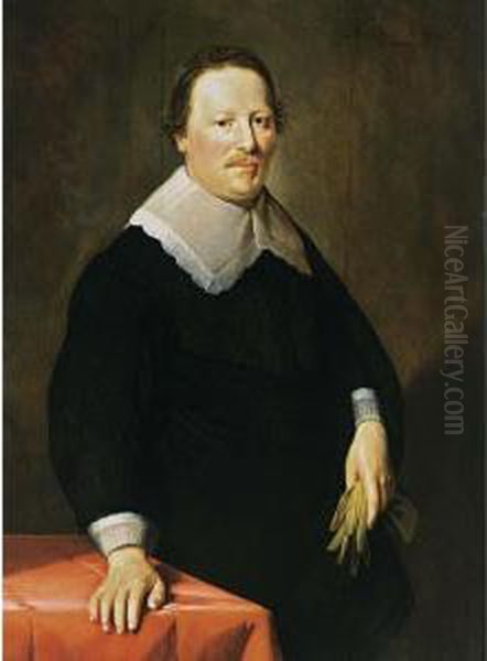 A Portrait Of A Gentleman, Aged 
47, Standing Half Length, Wearing A Black Costume With White Lace Cuufs 
And Collar, Holding Gloves In His Left Hand Oil Painting by Hendrick Bloemaert