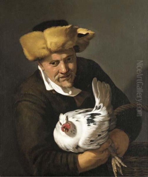 A Poulterer In A Fur Hat Holding A Hen And A Basket Oil Painting by Hendrick Bloemaert