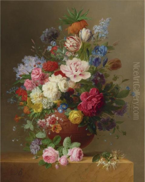 Still Life Of Roses, Lilac, 
Peonies, Tulips, An Iris, Auriculas,fritillaria Imperialis, Morning 
Glory And Other Flowers In Aterracotta Vase On A Stone Ledge, With A 
Sprig Of Honeysuckle Oil Painting by Arnoldus Bloemers