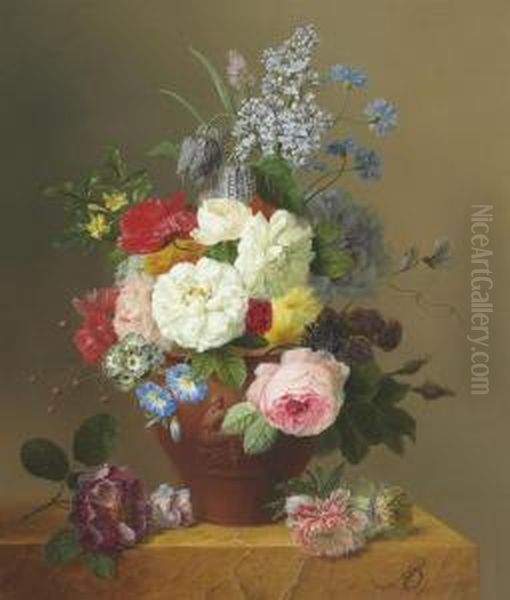 Roses, Poppies, Cornflowers, 
Convulvulus, Jasmine, Fritilleries, Aprimula, A Peony, And Lilac In A 
Terracotta Vase With A Sprig Ofroses And Other Flowers On A Stone Ledge Oil Painting by Arnoldus Bloemers