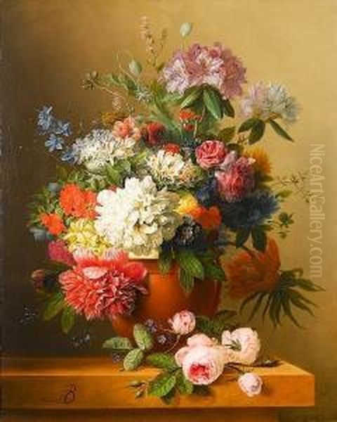 A Still Life Of Peonies, Roses, 
Honeysuckle, Poppies, A Crown Imperial, Rhododendrons And Other Flowers 
In A Terracotta Urn On A Ledge Oil Painting by Arnoldus Bloemers