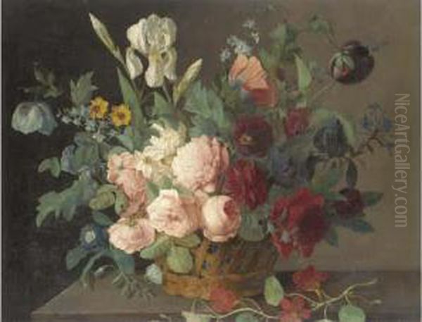 Roses, Narcissi, Irises, Tulips And Other Flowers In A Basket On Astone Ledge Oil Painting by Arnoldus Bloemers