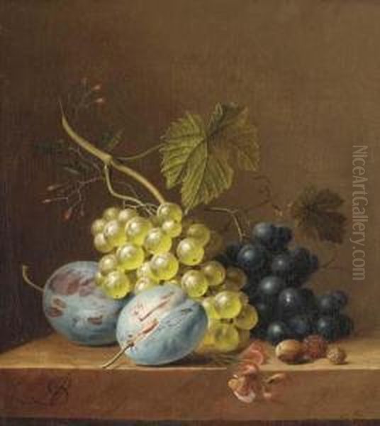 Grapes, Plums, Rasberries And An Acorn On A Wooden Ledge Oil Painting by Arnoldus Bloemers