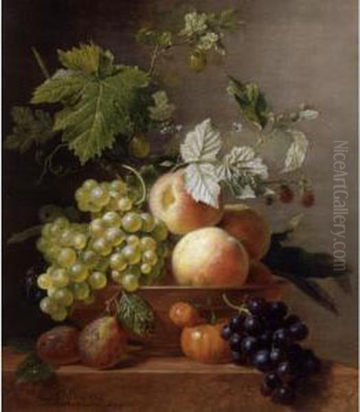 A Still Life Of Grapes And Peaches In A Bowl With Other Fruit, All Resting On A Ledge Oil Painting by Arnoldus Bloemers