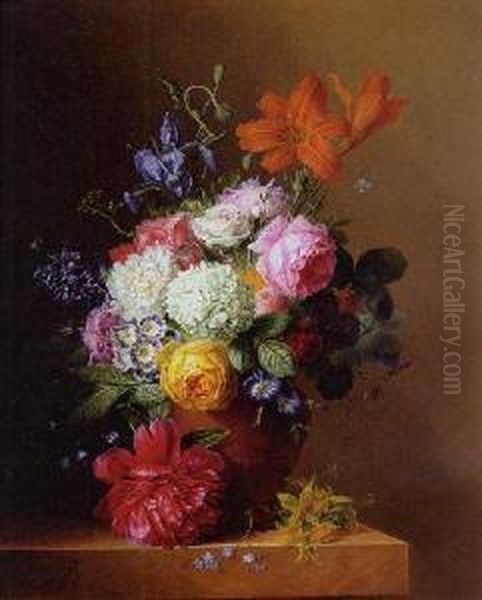 Flowers In A Terracotta Urn Resting On A Marble Ledge Oil Painting by Arnoldus Bloemers