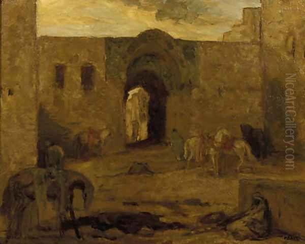 Binnenplaats Constantinopel horses in a courtyard Oil Painting by Marius Bauer