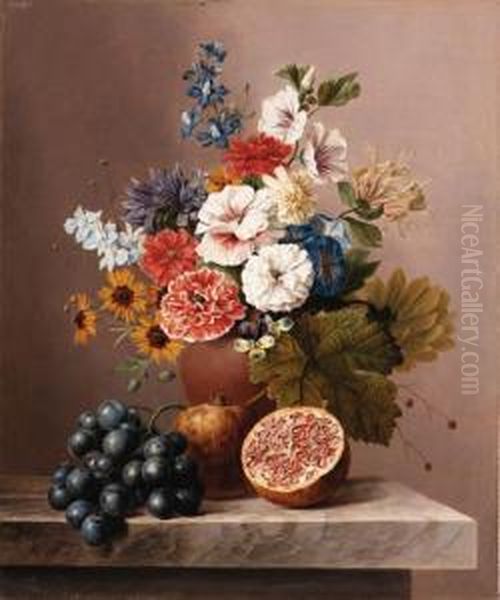 Flowers In A Vase With Grapes And Pomegranates On A Stoneledge Oil Painting by Arnoldus Bloemers