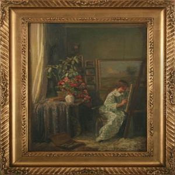 Interior With The Painter Gerda Srom At A Easel Oil Painting by Gerhard Lichtenberg Blom