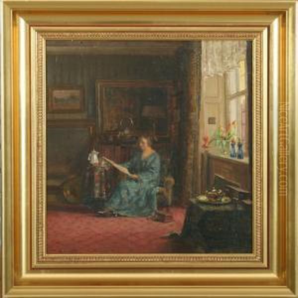 Interior With Readingwoman Oil Painting by Gerhard Lichtenberg Blom