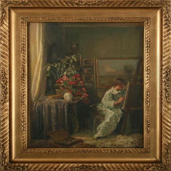 Interior With The Paintergerda Srom At A Easel Oil Painting by Gerhard Lichtenberg Blom