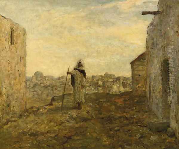 Blinde bedelaar a blind beggar on a hill top, a town beyond Oil Painting by Marius Bauer