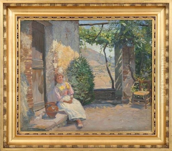 Gerhard Blom: Scenery From Anticoli Corrado. Signed Gerh. Blom Oil Painting by Gerhard Lichtenberg Blom