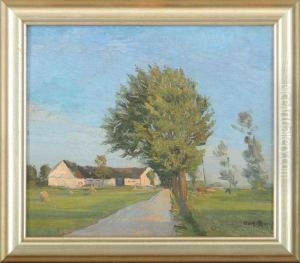 Danish Summer Landscape With A Farm Oil Painting by Gerhard Lichtenberg Blom