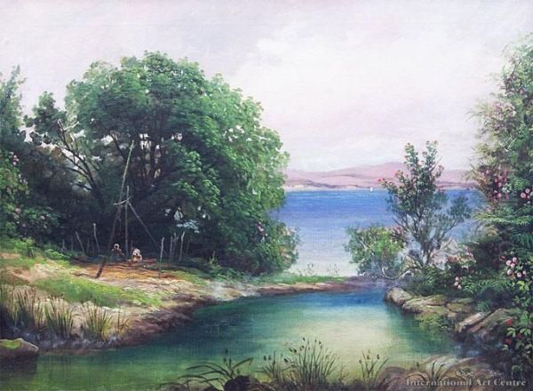 Hinemoa's Pool, Mokoia Island, Lakerotorua Oil Painting by Charles Blomfield