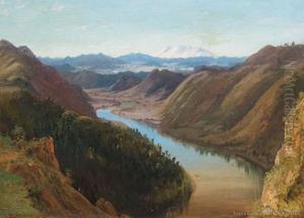 Whanganui River With Ruapehu Beyond Oil Painting by Charles Blomfield