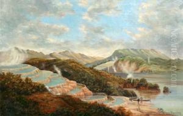 View Of Lake Rotomahana With Pink And White Terraces Oil Painting by Charles Blomfield