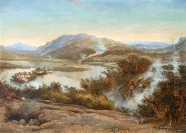 Rotomahana From The Intermittent Geysers Ofterahoparatarangi Oil Painting by Charles Blomfield