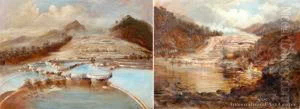 The Pink Terraces & White Terraces Lowerpool - A Pair Oil Painting by Charles Blomfield