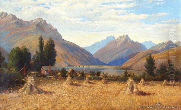 Oat Stooks, Lake Hayes, Otago Oil Painting by Charles Blomfield