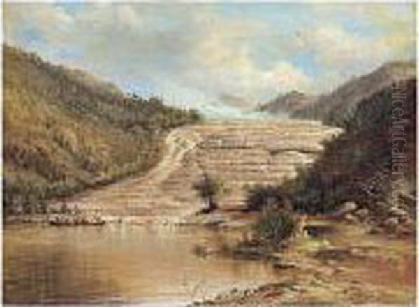 The Pink Terrace, Rotomahana, New Zealand Oil Painting by Charles Blomfield