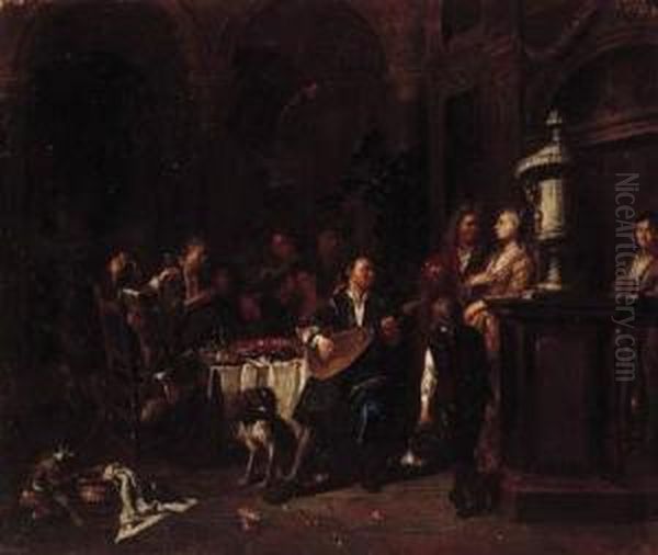 Elegant Company Making Music And
 Dining On A Roof Terrace; And Cardplayers Fighting In An Interior Oil Painting by Maximilian Blommaerdt