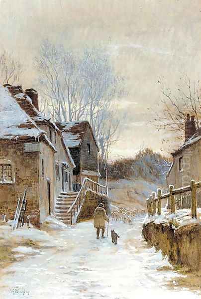 A shepherd and sheep on a country lane in a winter landscape Oil Painting by James George Bingley