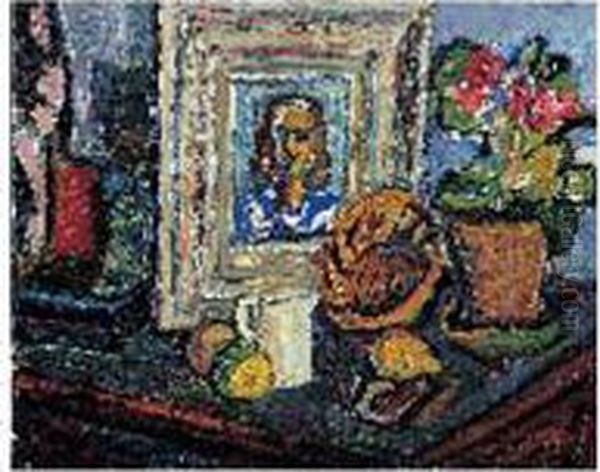 Nature Morte Au Portrait Oil Painting by Andre Blondel