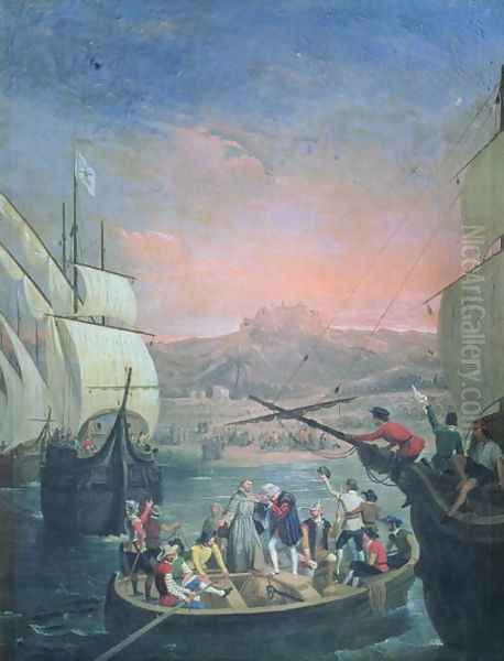 Departure of the Santa Maria, the Pinta and the Nina from Palos in 1492 Oil Painting by Antonio Cabral Bejarano