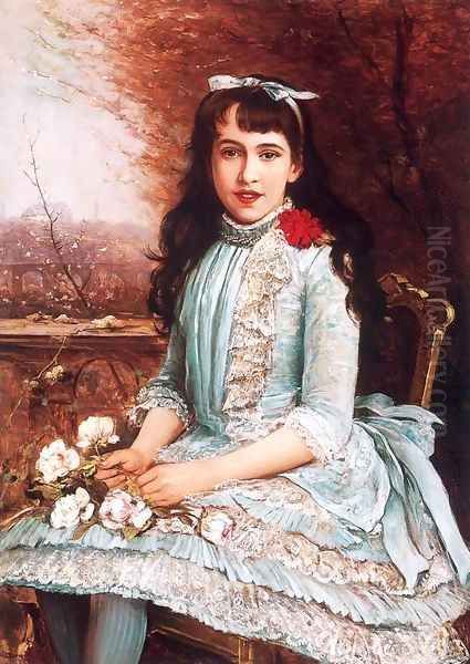 Girl in Blue Dress with Roses Oil Painting by Lajos Bruck